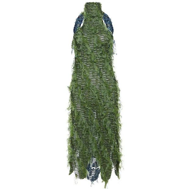Elegant Maxi Dress with Long Sleeves and Fringe Details – Premium Polyester Fabric