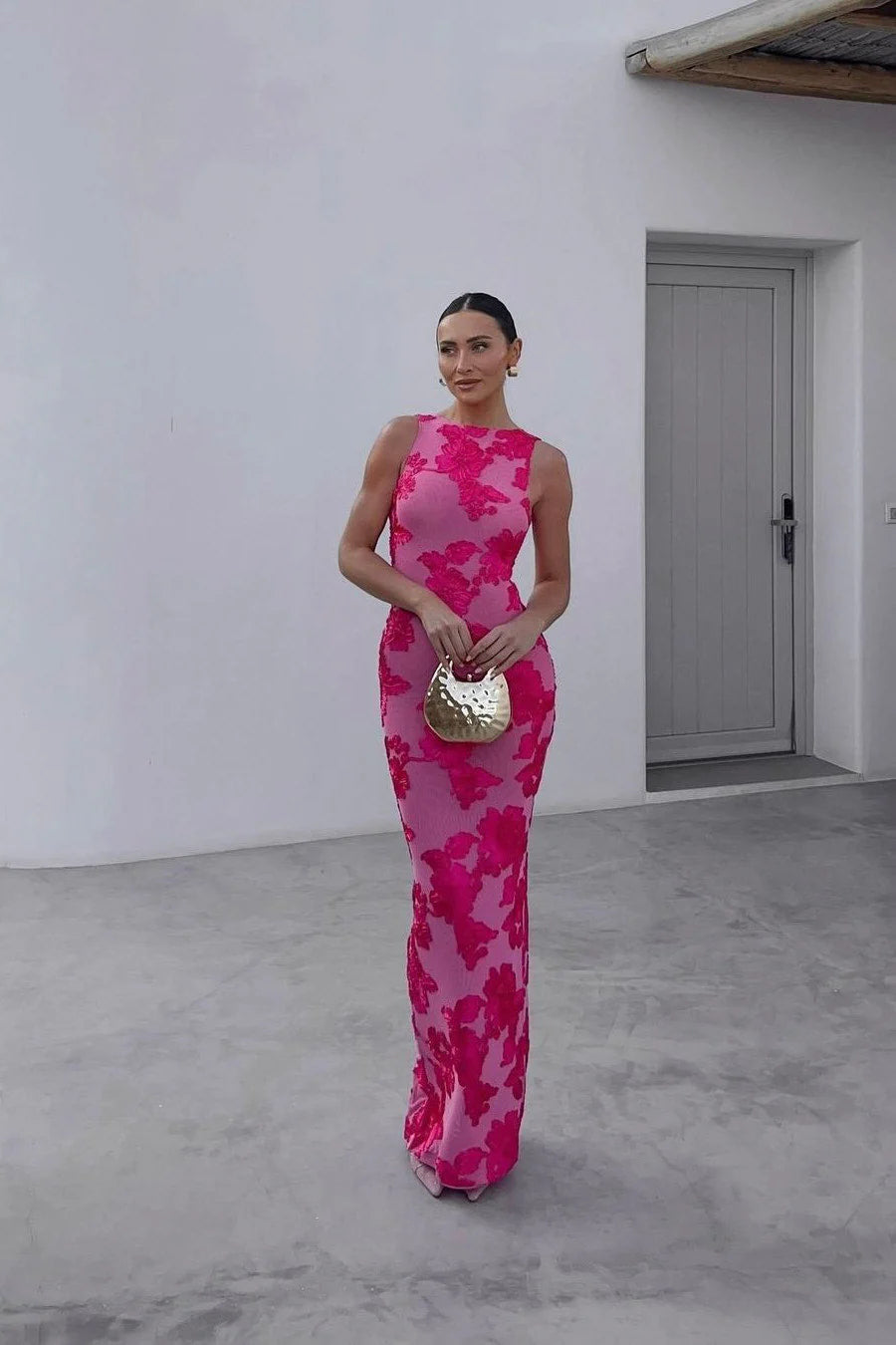 Robe Maxi Femme en Polyester avec Broderie Florale – Taille M