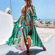 Robe Maxi Imprimée Abstraite Colorée avec Décolleté en V et Manches 3/4 – Élégance et Confort