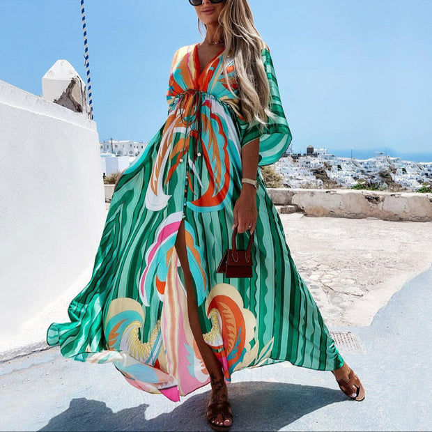 Robe Maxi Imprimée Abstraite Colorée avec Décolleté en V et Manches 3/4 – Élégance et Confort