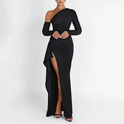 Black Maxi Dress with One-Shoulder and Ruffle Detail – Elegant Evening Dress