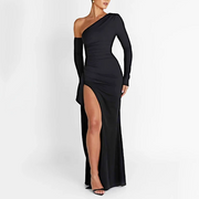 Black Maxi Dress with One-Shoulder and Ruffle Detail – Elegant Evening Dress