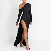 Black Maxi Dress with One-Shoulder and Ruffle Detail – Elegant Evening Dress