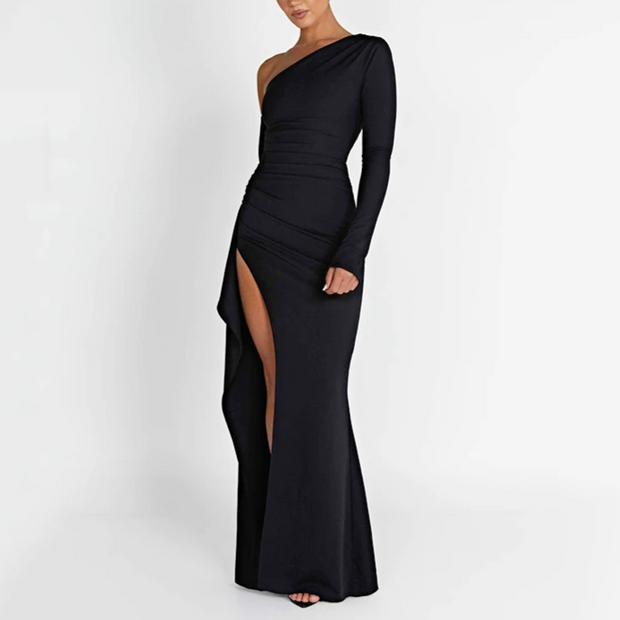 Black Maxi Dress with One-Shoulder and Ruffle Detail – Elegant Evening Dress