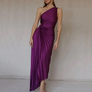 Pleated Maxi Dress with One Shoulder – Slim Fit Evening Wear in High-Quality Polyester, Available in Multiple Sizes