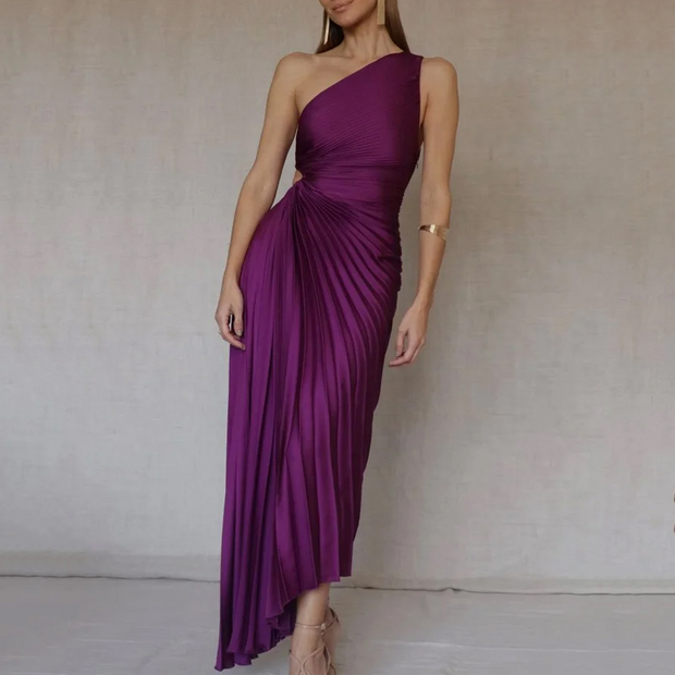 Pleated Maxi Dress with One Shoulder – Slim Fit Evening Wear in High-Quality Polyester, Available in Multiple Sizes