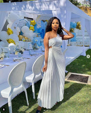 Pleated Maxi Dress with One Shoulder – Slim Fit Evening Wear in High-Quality Polyester, Available in Multiple Sizes