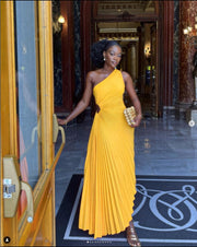 Pleated Maxi Dress with One Shoulder – Slim Fit Evening Wear in High-Quality Polyester, Available in Multiple Sizes