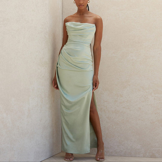 Robe Maxi Satinée Sans Manches avec Fente Haute et Détails Froncés – Élégante Robe Longue pour Femmes
