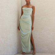 Satin Maxi Dress Sleeveless with High Slit and Gathered Details – Elegant Long Dress for Women