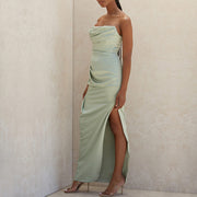 Satin Maxi Dress Sleeveless with High Slit and Gathered Details – Elegant Long Dress for Women