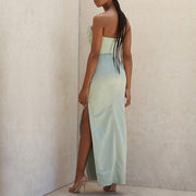 Satin Maxi Dress Sleeveless with High Slit and Gathered Details – Elegant Long Dress for Women