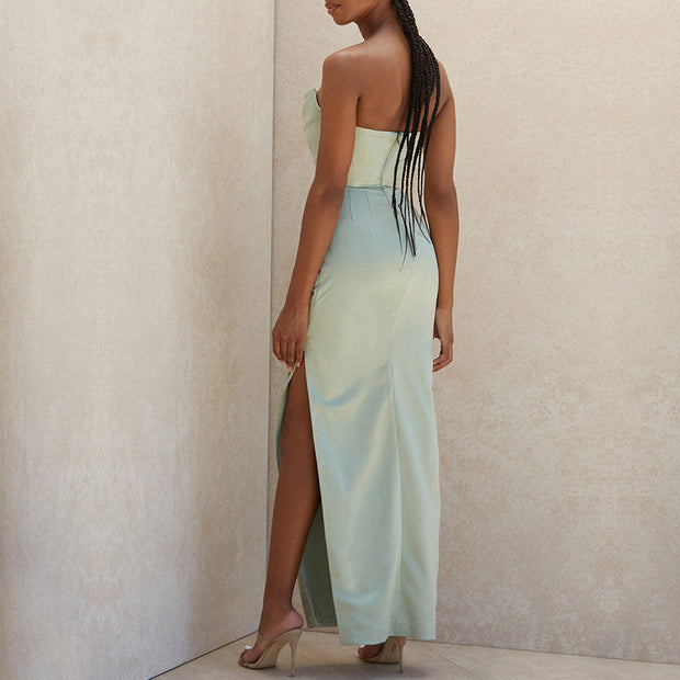 Satin Maxi Dress Sleeveless with High Slit and Gathered Details – Elegant Long Dress for Women