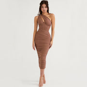 Asymmetric Midi Dress with One-Shoulder Ruching Tulle – Elegant Brown Color for a Sublime Silhouette