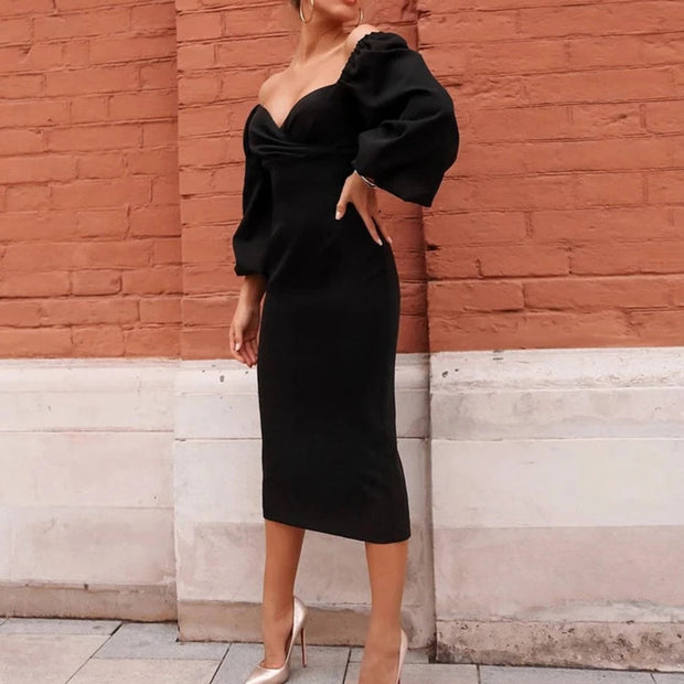 Women's Midi Bodycon Dress with Lantern Sleeves, Comfortable and Flattering, Available in Multiple Sizes and Colors