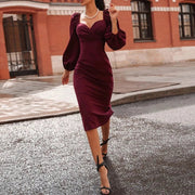Women's Midi Bodycon Dress with Lantern Sleeves, Comfortable and Flattering, Available in Multiple Sizes and Colors