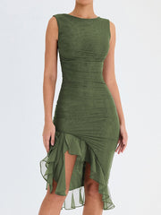Elegant Floral Midi Dress with Ruffle Details – Long Sleeves in High-Quality Polyester