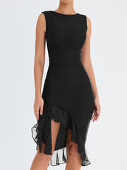 Elegant Floral Midi Dress with Ruffle Details – Long Sleeves in High-Quality Polyester