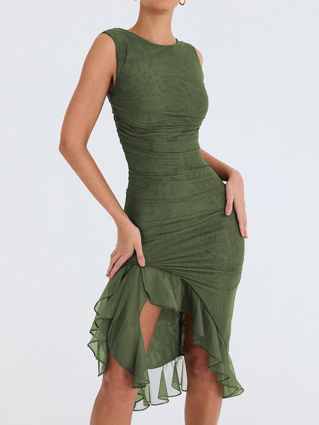 Elegant Floral Midi Dress with Ruffle Details – Long Sleeves in High-Quality Polyester