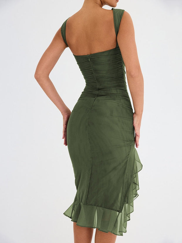 Elegant Floral Midi Dress with Ruffle Details – Long Sleeves in High-Quality Polyester