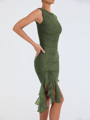 Elegant Floral Midi Dress with Ruffle Details – Long Sleeves in High-Quality Polyester