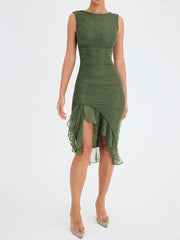 Elegant Floral Midi Dress with Ruffle Details – Long Sleeves in High-Quality Polyester