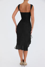 Elegant Floral Midi Dress with Ruffle Details – Long Sleeves in High-Quality Polyester