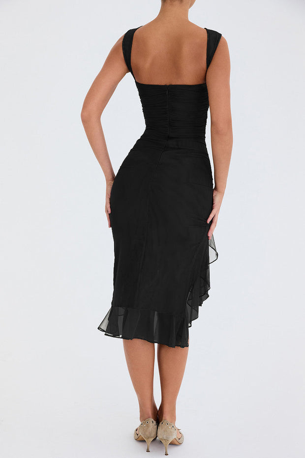 Elegant Floral Midi Dress with Ruffle Details – Long Sleeves in High-Quality Polyester
