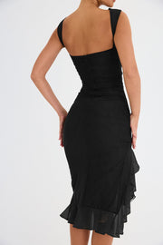 Elegant Floral Midi Dress with Ruffle Details – Long Sleeves in High-Quality Polyester