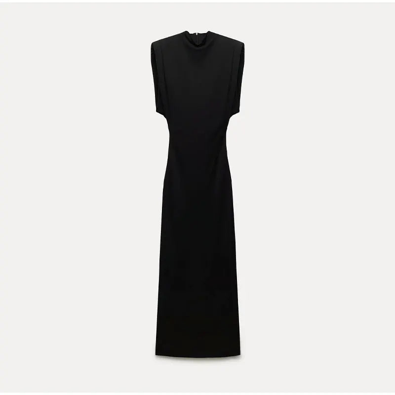 Robe Midi Noire Femme Élégante en Polyester Élastique – Manches Longues, Idéale pour Toutes Occasions