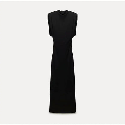 Robe Midi Noire Femme Élégante en Polyester Élastique – Manches Longues, Idéale pour Toutes Occasions