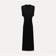 Elegant Black Midi Dress for Women in Stretch Polyester – Long Sleeves, Ideal for All Occasions