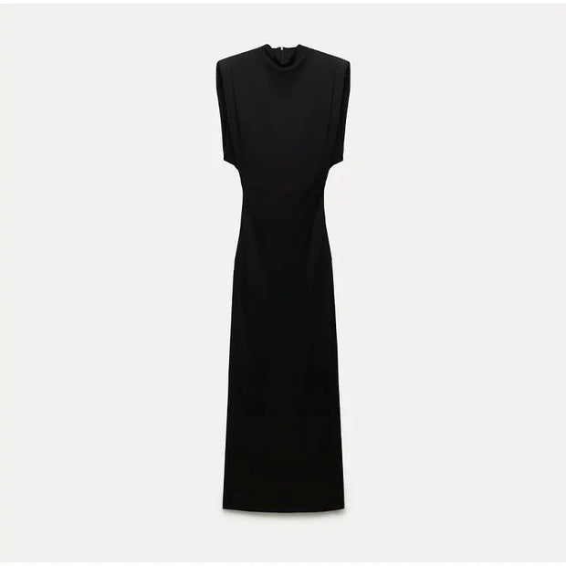 Elegant Black Midi Dress for Women in Stretch Polyester – Long Sleeves, Ideal for All Occasions