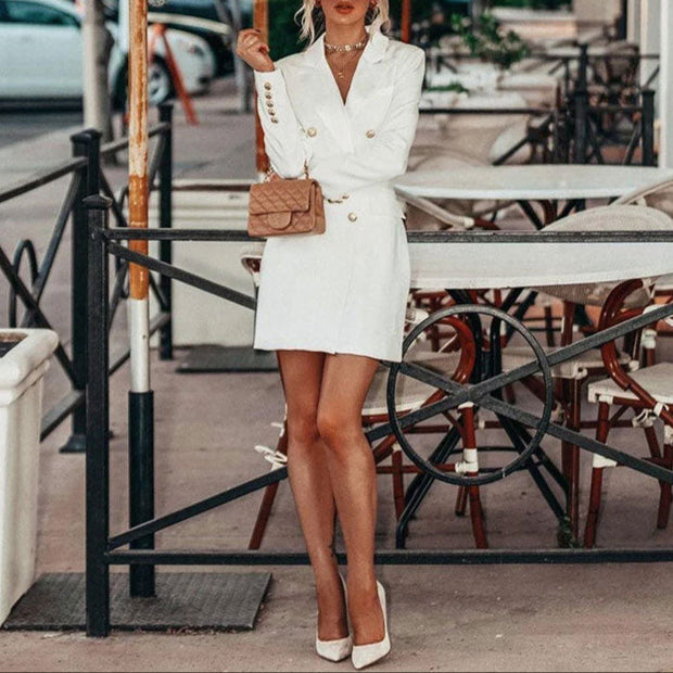 Elegant Mini Blazer Dress with Double-Breasted Front and Flap Pockets – Ideal for Cold Days