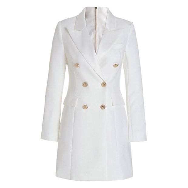 Elegant Mini Blazer Dress with Double-Breasted Front and Flap Pockets – Ideal for Cold Days
