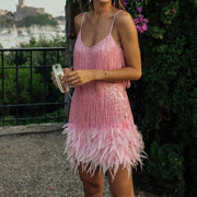 Elegant Mini Dress with Fringe Sequins and Feather Details – Comfortable Fit for Evenings and Special Events