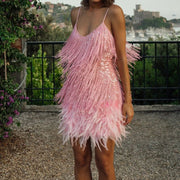 Elegant Mini Dress with Fringe Sequins and Feather Details – Comfortable Fit for Evenings and Special Events