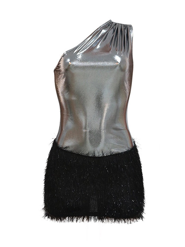 Mini-jurk met één schouder - Rugloze jurk van polyester met ritssluiting