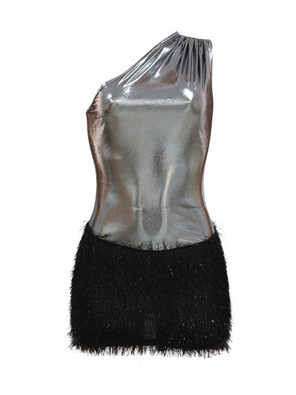 Mini-jurk met één schouder - Rugloze jurk van polyester met ritssluiting