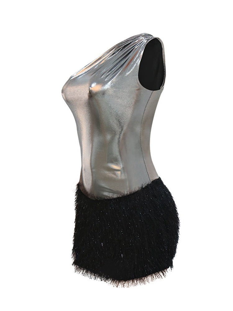 Mini-jurk met één schouder - Rugloze jurk van polyester met ritssluiting