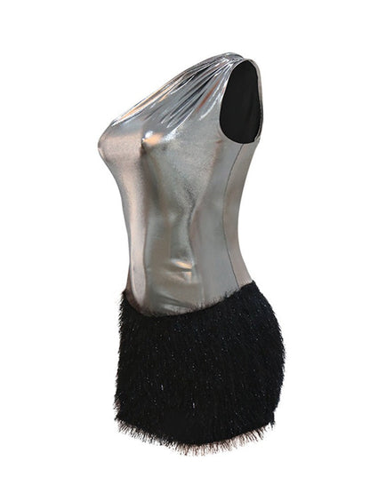 Mini-jurk met één schouder - Rugloze jurk van polyester met ritssluiting