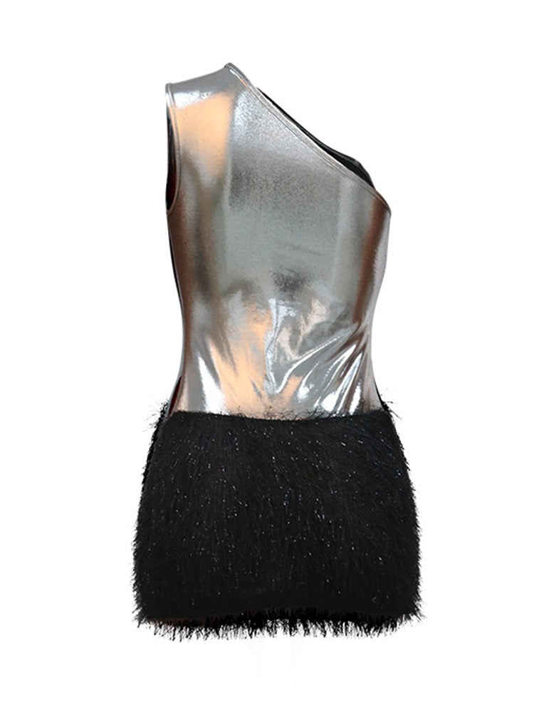 Mini-jurk met één schouder - Rugloze jurk van polyester met ritssluiting