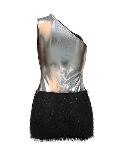 Mini-jurk met één schouder - Rugloze jurk van polyester met ritssluiting