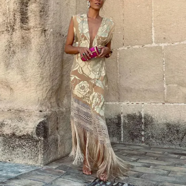 Robe Sans Manches à Franges en Polyester Premium – Élégante et Confortable pour Toutes Occasions