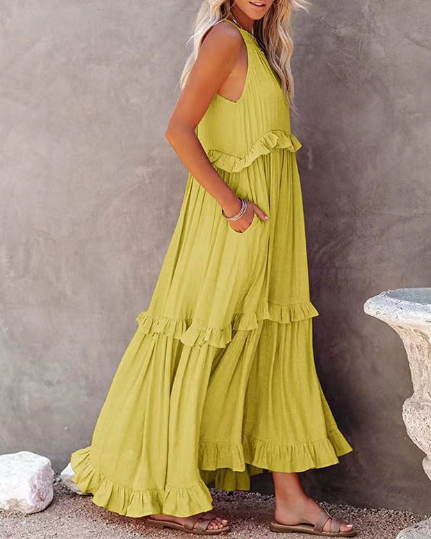 Chic Summer Dress with Ruffles in Polyester for Women - Elegant Summer Cocktail Dress, Available in Multiple Sizes