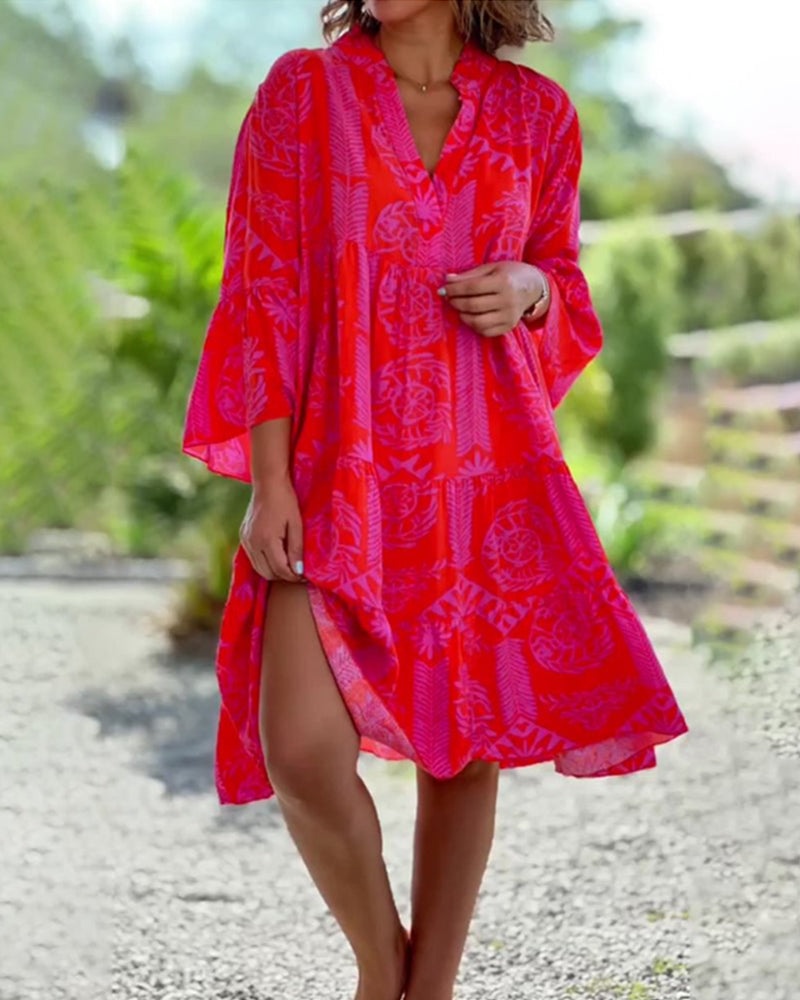 Robe d'Été Femme en Coton Imprimé Géométrique Boho, Manches 3/4, Coupe Décontractée – Idéale pour le Printemps/Été