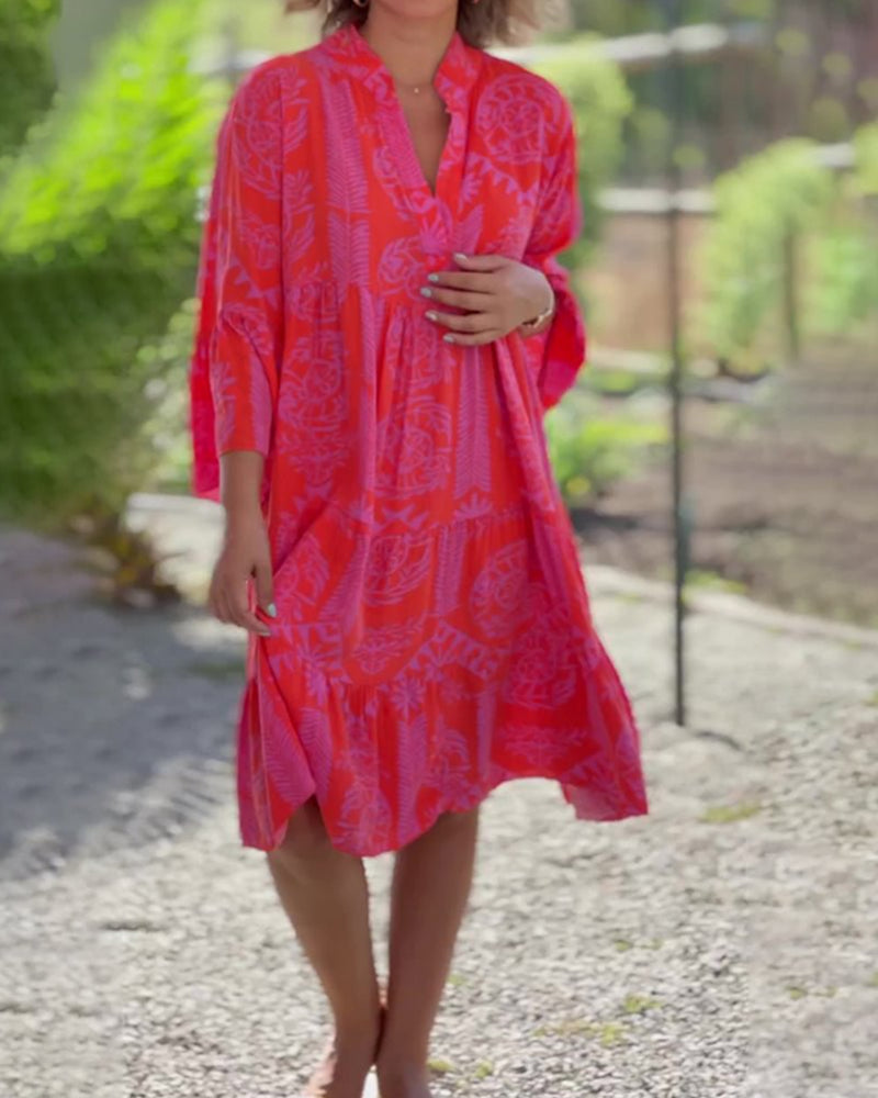 Robe d'Été Femme en Coton Imprimé Géométrique Boho, Manches 3/4, Coupe Décontractée – Idéale pour le Printemps/Été