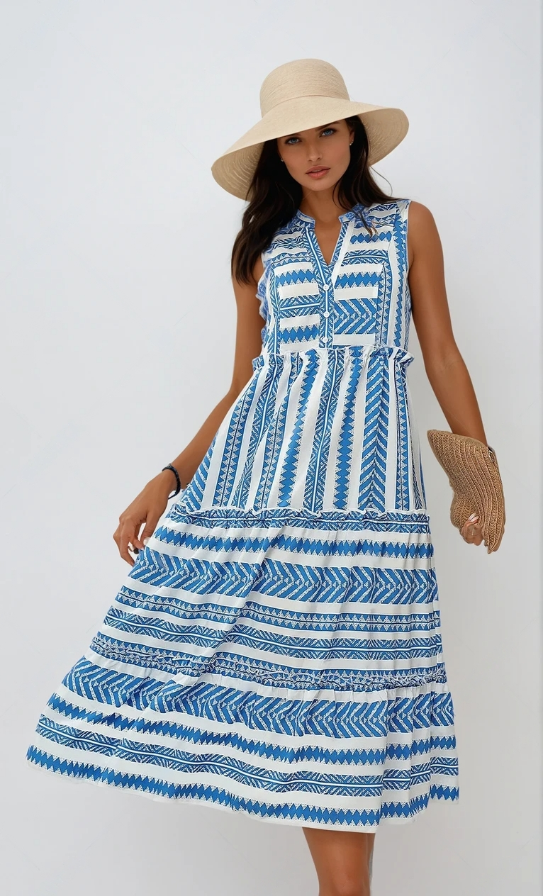 Robe d'Été Longue Femme Chic sans Manches avec Volants – Élégante et Légère en Tissu Respirant, Disponible en Bleu