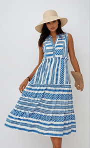 Long Summer Dress for Women Chic Sleeveless with Ruffles – Elegant and Light in Breathable Fabric, Available in Blue