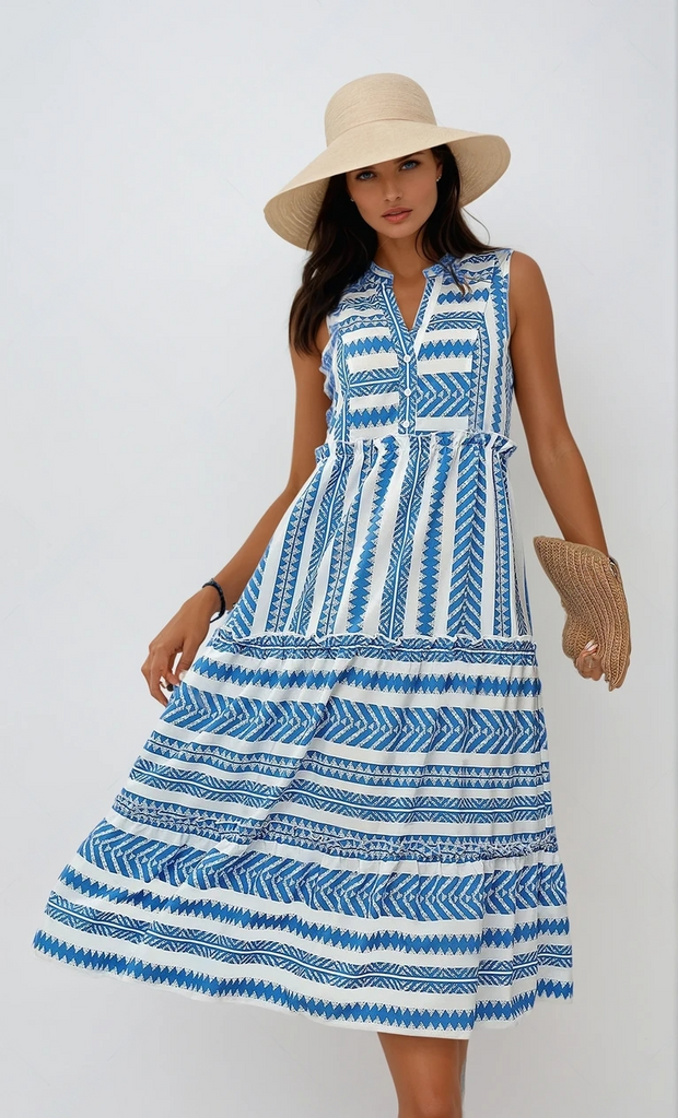 Long Summer Dress for Women Chic Sleeveless with Ruffles – Elegant and Light in Breathable Fabric, Available in Blue